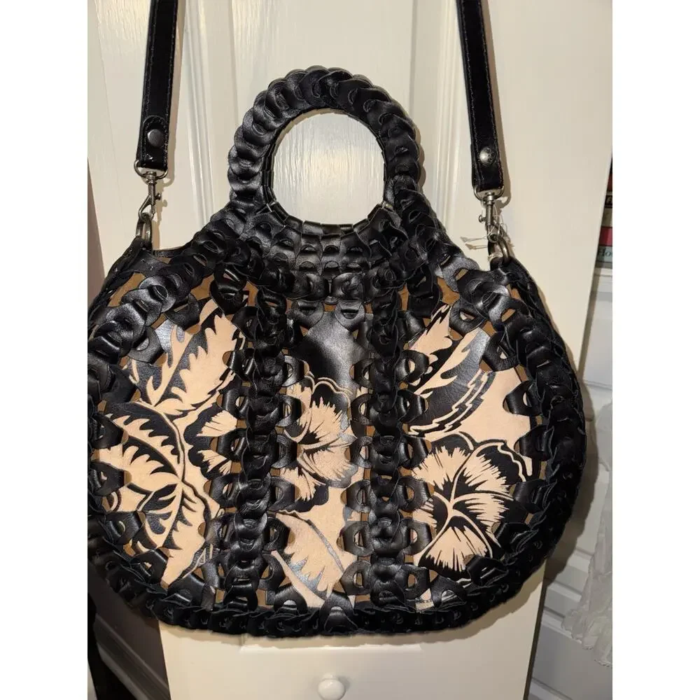 NWT Patricia Nash Black Italian Leather Woven Chain Link Floral Handbag Purse - Picture 6 of 9